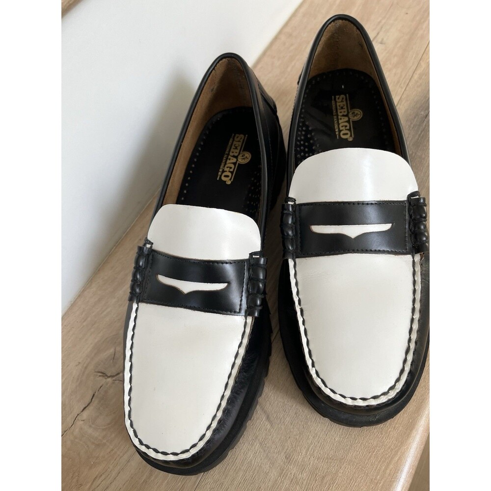 Sebago Classic Dan Leather Penny Loafers Mens Sz 9 Black White Quiet Luxury - Picture 9 of 14